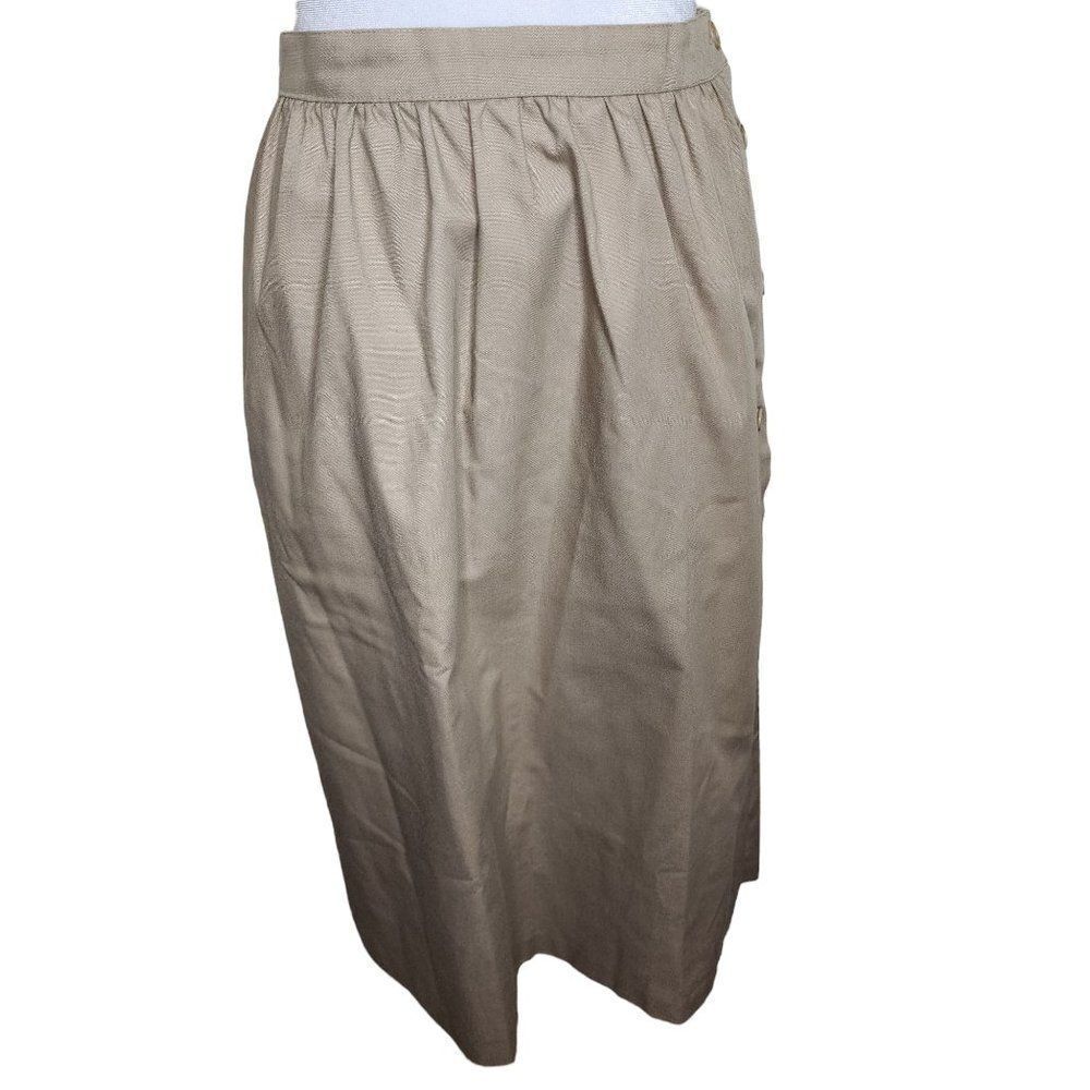 Vintage 80s Straight Midi Skirt Womens Size 10 Khaki Tan Side Buttons Office Bas — image 2 of 8